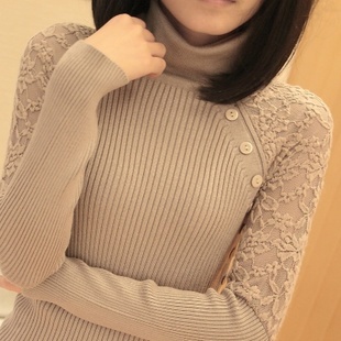  秋冬新款 女装套头韩版蕾丝中长款针织打底衫女 高领打底毛衣加厚