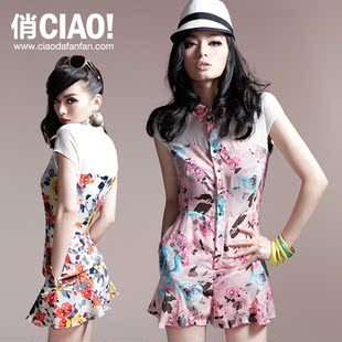  CIAO!俏 春款女装新品雪纺小碎花连体短裤 时尚高腰连体裤 女