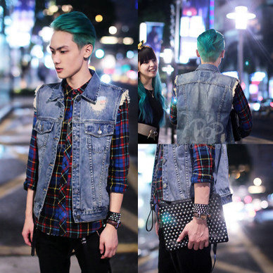 韩国代购牛仔<em>马甲</em> 男装<em>秋款</em>无袖<em>马甲</em> 男裤潮男