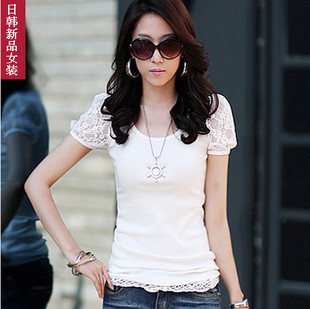 夏装新款女装韩版大码上衣修身圆领蕾丝拼接泡泡袖短袖T恤 女