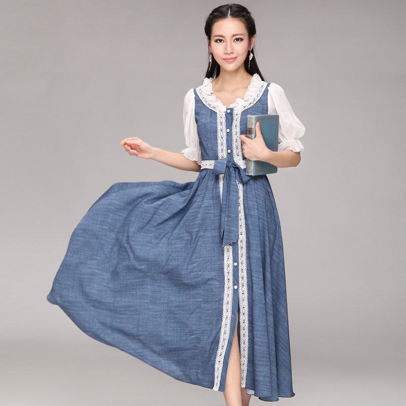 尤麦原创蕾丝边收腰<em>连衣长裙子新款</em>女装Y379