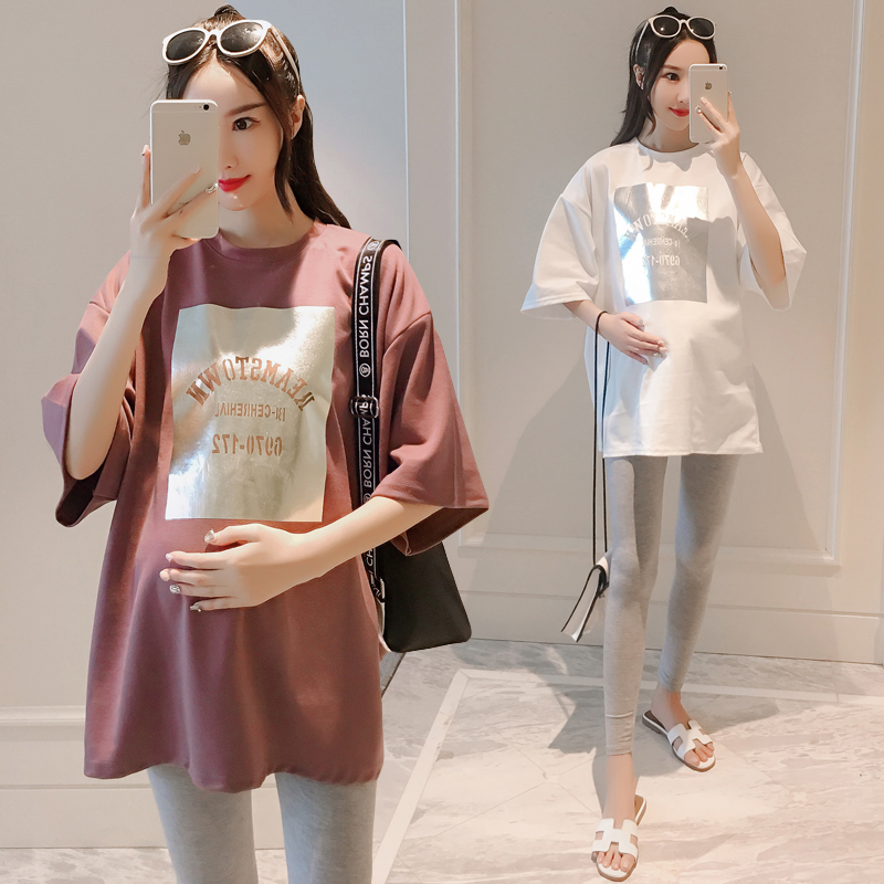 孕妇夏装上衣2019新款时尚字母印花圆领大码T恤衫中长款宽松潮妈t|ruв категории Всё для беременных и кормящих, материнство, футболка - от Buy2taobao.com для оказания профессиональной услуги покупки агента Taobao