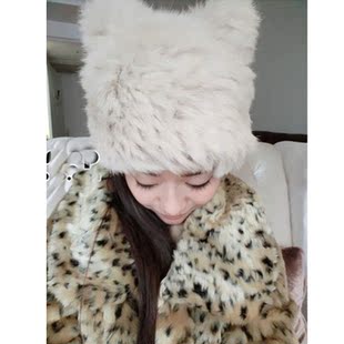  兔毛帽子冬季帽新款日本原单小熊猫耳朵棉毛线帽女式滑雪帽