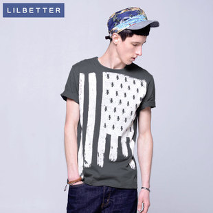  lilbetter夏装新品美国国旗印花短袖T恤男士韩版修身休闲短t潮流