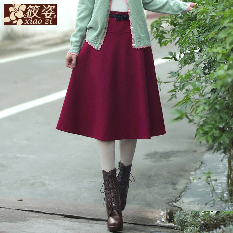 INMAN/茵曼酒红色显瘦公主裙<em>中长款</em>半身裙20