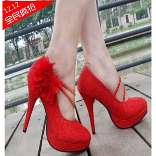  包邮 结婚鞋子 高跟鞋大花朵松紧带旗袍鞋 香槟色红色新娘鞋