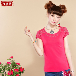  艾蓓怡 夏装新款 韩版甜美女装 公主牛角袖女t恤 棉 蕾丝拼接