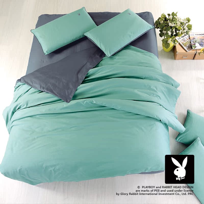 【送枕头2个】PLAYBOY家纺素色双拼全棉纯色床品四件套床上用品