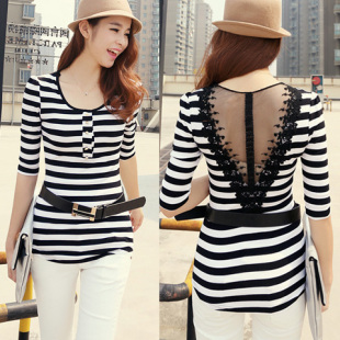  春款女装韩版性感露背蕾丝拼接条纹显瘦针织衫打底衫T恤K