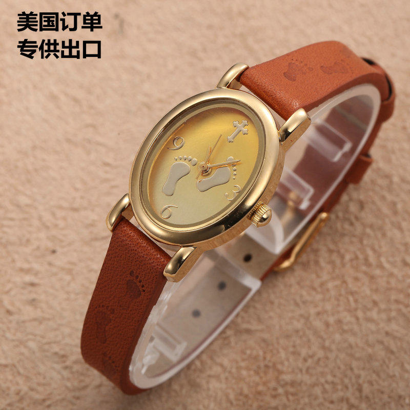 满额包邮原单正品女表金色小表盘棕色细真皮带手表复古时尚时装表