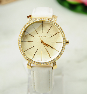  韩国julius正品 大气 水钻 女表 女士石英腕表 真皮手表 生日礼物