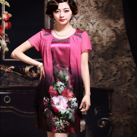 高贵气质妈妈装婆婆婚宴礼服夏天假两件短袖印花真丝桑蚕丝连衣裙 高贵气质妈妈装婆婆婚宴礼服夏天假两件短袖印花真丝桑蚕丝连衣裙