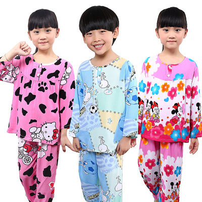 夏季儿童绵绸长袖棉绸睡衣套装男童夏天女童宝宝人造棉小孩大童装