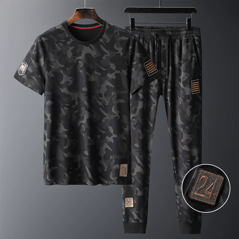 Light extravagance High-end summer motion suit Borneol Thin section leisure time Short sleeved camouflage T-shirts T-shirt suit Two piece setin the Men's clothing, Set , Leisure sports suit category - from Buy2taobao.com to provide professional Taobao agent buy service