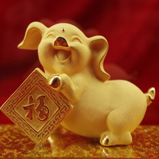 绒沙金摆件 属相猪 生肖猪摆件 风水摆设 富贵人