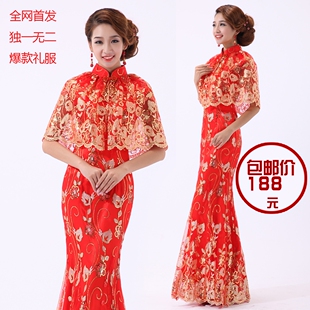  红色复古蕾丝中式改良新娘结婚敬酒旗袍礼服婚纱长款新娘装29-5