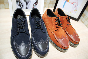  新款韩版休闲真皮松糕厚底牛筋底布洛克雕花zara帅t豆豆鞋男鞋潮