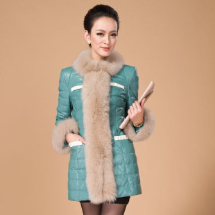  海宁皮衣新款 女狐狸毛领绵羊皮羽绒服女真皮特价中长款外套