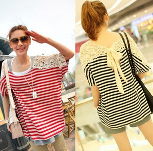  夏季新品韩版加大码女装胖mm夏装蕾丝镂空蝴蝶结条纹短袖t恤