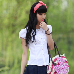  红念夏装新款女装衬衫 韩版女士短袖衬衣夏季修身白色打底衫
