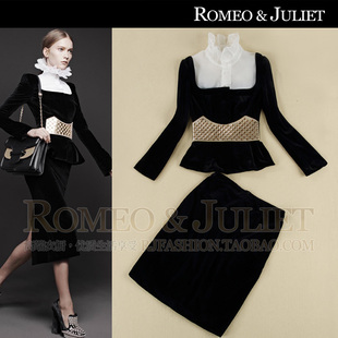 罗密欧与朱丽叶欧美早秋女装新复古立领荷叶边丝绒上衣半身裙套装