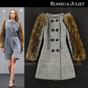 欧美女装2013冬装新款人造皮草拼接长袖双排扣中长款毛呢大衣外套