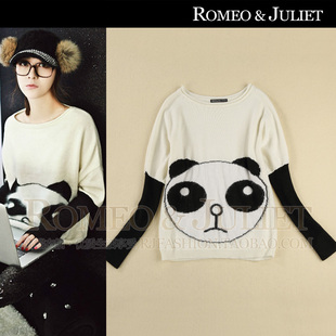 欧美女装2013秋装新款 明星同款拼接蝙蝠长袖撞色熊猫针织衫毛衣