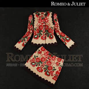 【罗密欧与朱丽叶】欧美秋女装甜美复古粗花呢印花外套半身裙套装