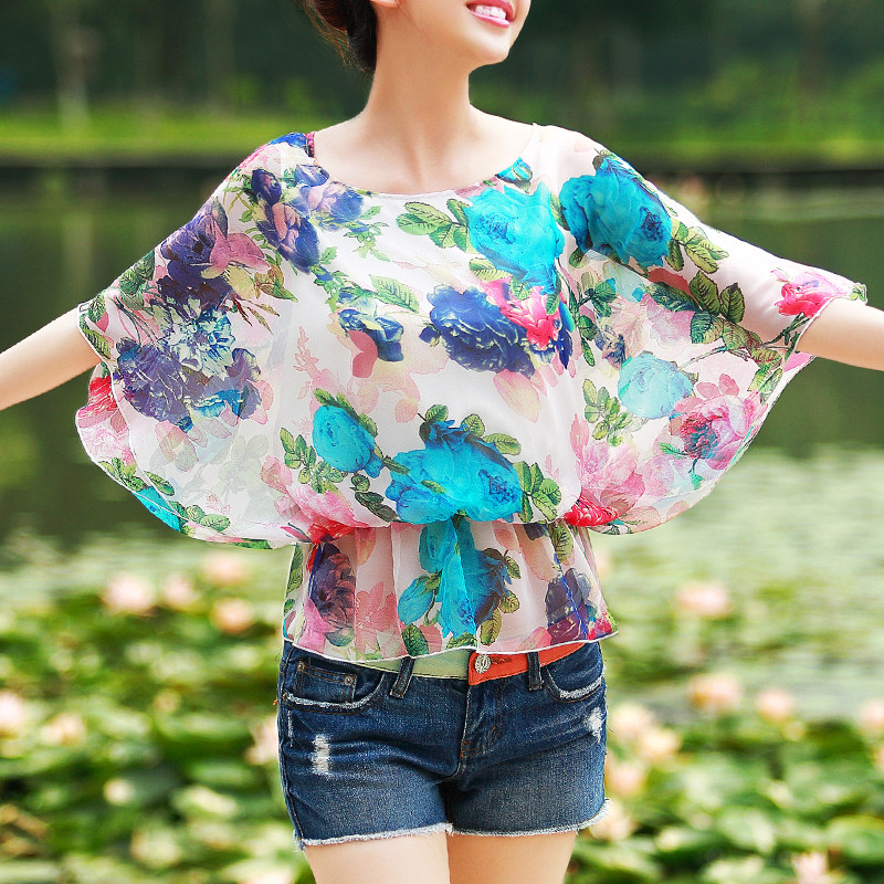 ●雀后[XF5713]2013初夏新品 淑女款数码印花宽松清凉雪纺衫