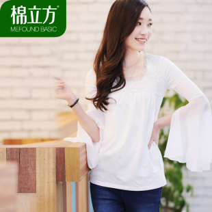 棉立方春装新款 韩版大码女装 蕾丝拼接雪纺长袖棉T恤 女