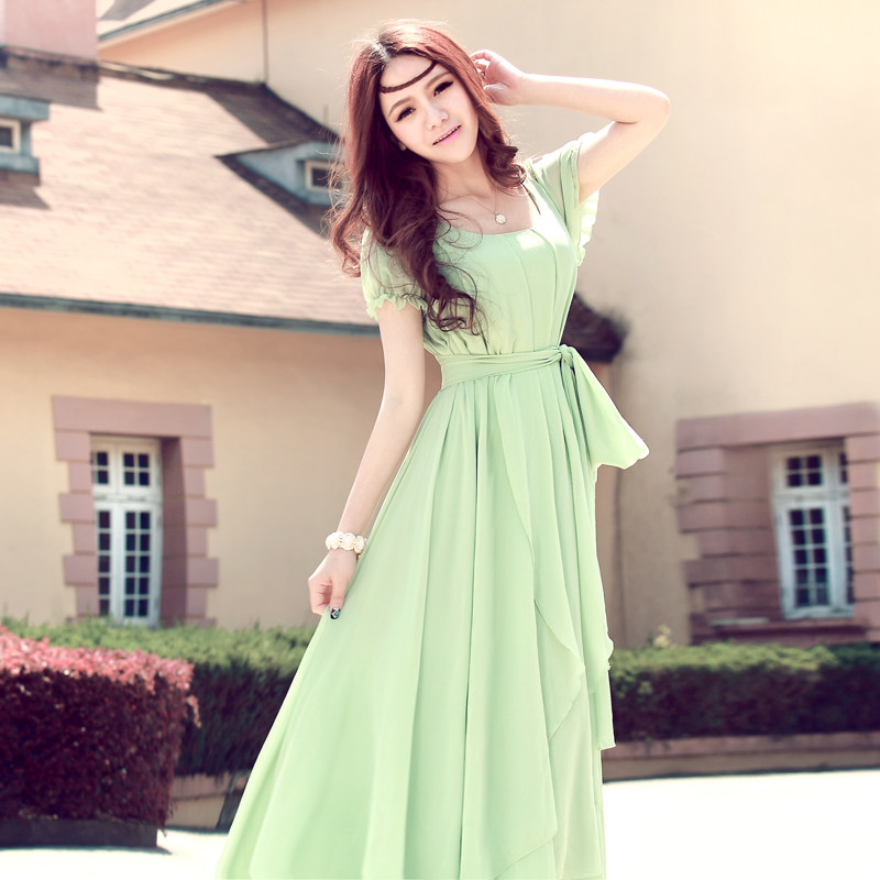 Women short sleeve chiffon long dress
