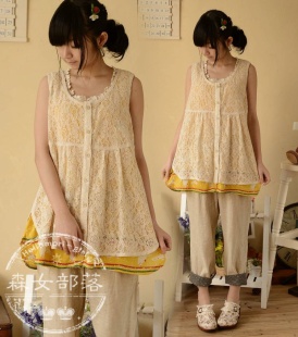  特价森女部落夏季新款森女系日系蕾丝拼接背心T恤森林系可爱