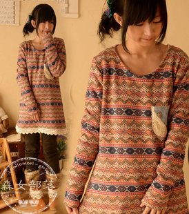  森女部落日系森林秋冬新款加厚卫衣棉 印花 中长款 女装 绒衫绿色