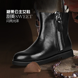  真皮马丁靴 牛皮女靴子 双拉链短靴 平底骑士靴 明星同款机车靴