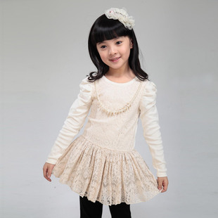  新款春装儿童女童韩版蕾丝泡泡袖长袖公主连衣裙 送项链