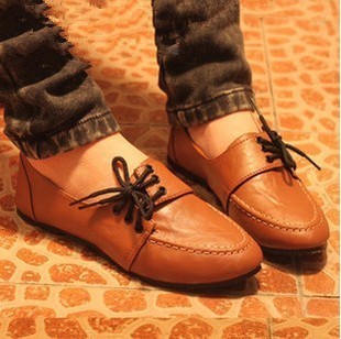  新款百搭小尖头系带英伦风复古小单鞋韩版平底女鞋子ol平跟鞋