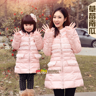  草莓南瓜亲子装冬装长款修身羽绒服母女装女童装毛领加厚外套