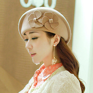  秋冬天新款菁菁同款羊毛礼帽定型双花朵贝雷帽空姐帽韩版女士帽子