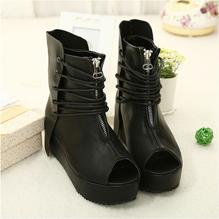  热销新款 欧美时尚松糕鞋厚底鱼嘴短靴坡跟女靴及踝靴系带骑士靴