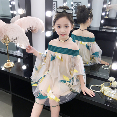 女童夏装套装2019新款洋气网纱漏肩中大童两件套韩版时尚夏季衣服
