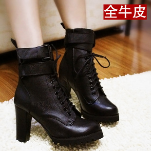  真皮靴子厚底高跟秋季短靴粗跟裸靴女靴马丁靴机车靴女鞋
