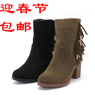   戈美其 专柜正品 磨砂流苏真皮粗跟短靴女靴121561