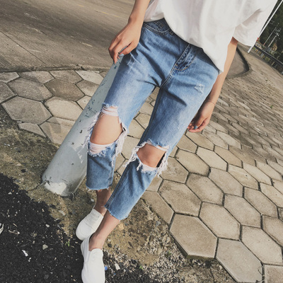 膝盖大破洞牛仔裤女乞丐七分高腰毛边宽松显瘦
