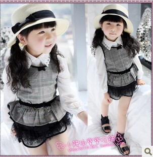  春夏装新款女童装儿童宝宝公主英伦学院风背心短裤格子套装