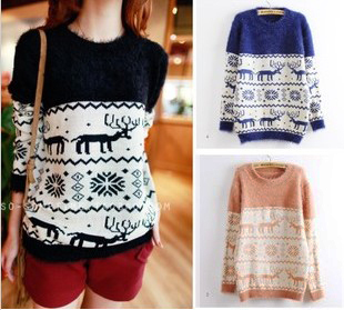  软绵绵小麋鹿毛衣 马海毛拼接套头加厚针织毛衣