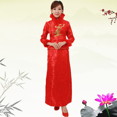 2013年新款女士唐装 中国红毛边凤纹长款旗袍