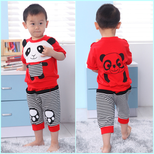  天天特价同款童装套装男女童两件套 夏装熊猫条纹拼接儿童学院风
