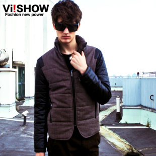  viishow冬新品棉衣男 欧美风男士修身潮棉服质感拼接男装外套