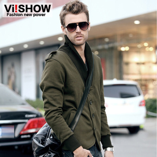  viishow 春装新品男开衫休闲卫衣男士外套薄军绿色大V领卫衣
