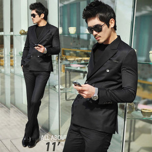  新时尚西服套装 男士韩版商务休闲纯棉西服套装 修身双排扣西装